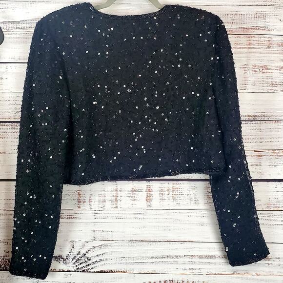 Vintage Formal Silk Black Sequin Beaded Dress Glam Event Gown Bolero Jacket Sz M - Picture 16 of 16
